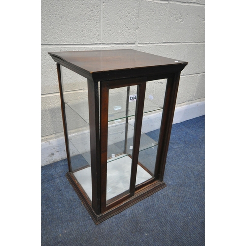 1394 - AN EARLY TO MID 20TH CENTURY MAHOGANY TABLE TOP JEWELLERY DISPLAY CABINET, with two glass shelves, a... 