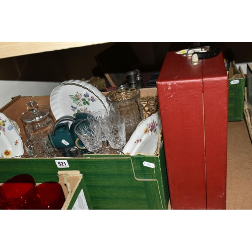 521 - TWO BOXES OF CERAMICS, BOOKS AND GLASSWARE, to include a Brexton picnic set for two, four Denby 'Gre... 