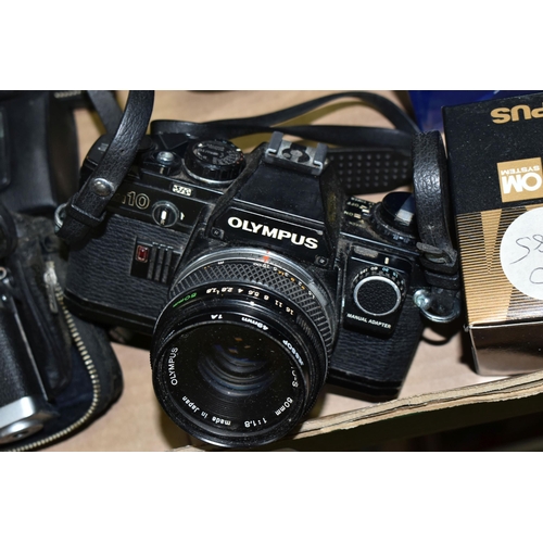 619 - A BOX CONTAINING CAMERAS AND EQUIPMENT comprising of a boxed Olympus OM10 SLR body in black fitted w... 