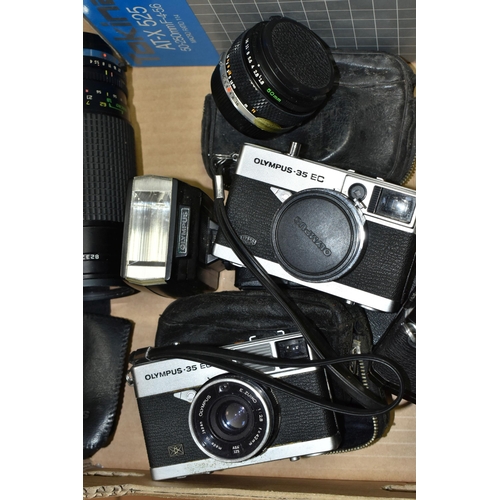 619 - A BOX CONTAINING CAMERAS AND EQUIPMENT comprising of a boxed Olympus OM10 SLR body in black fitted w... 