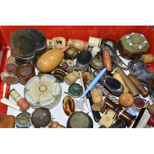 630 - A BOX OF ANTIQUE AND VINTAGE SEWING ACCESSORIES,  to include pin cushions, needle cases, cotton reel... 