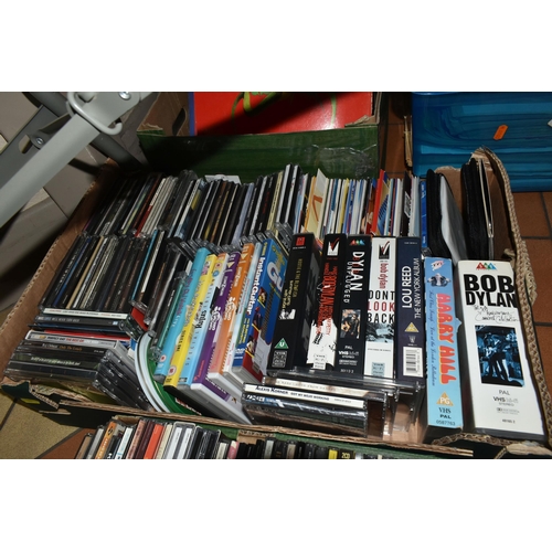 634 - TWO BOXES AND FOUR CASES CONTAINING OVER ONE HUNDRED AND NINETY CDs, CASSETTE AND VIDEO TAPES includ... 