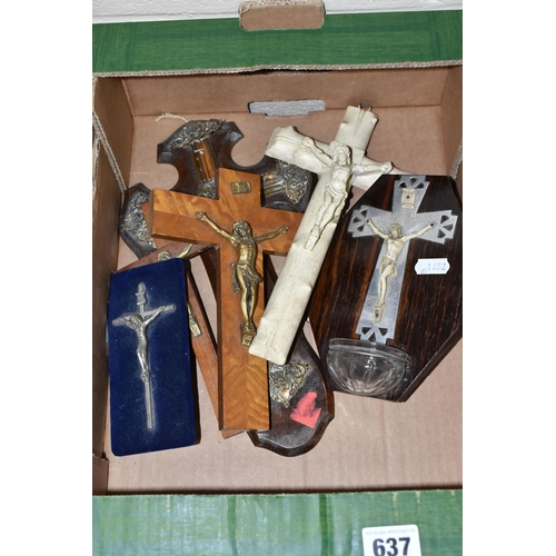 637 - A BOX OF ASSORTED MAINLY WOODEN CRUCIFIXES, the Christ figures are assorted metal, wooden or plaster... 