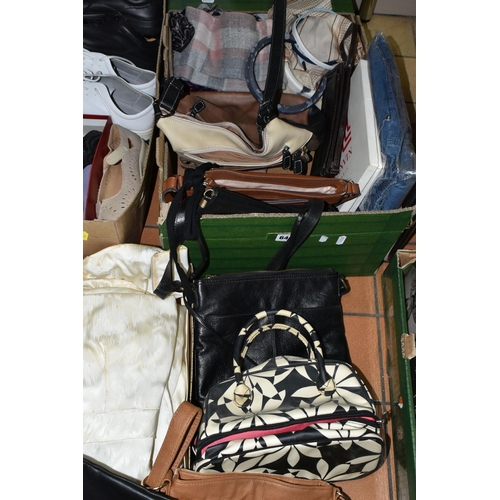 644 - THREE BOXES OF VINTAGE HATS, SHOES AND A WEDDING DRESS, comprising a vintage long sleeved cream sati... 