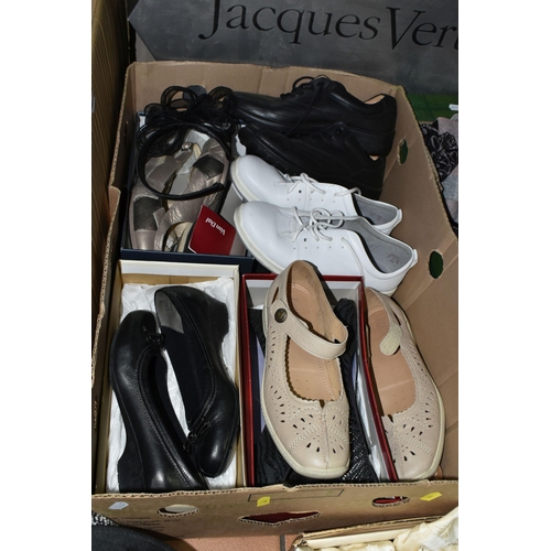 644 - THREE BOXES OF VINTAGE HATS, SHOES AND A WEDDING DRESS, comprising a vintage long sleeved cream sati... 