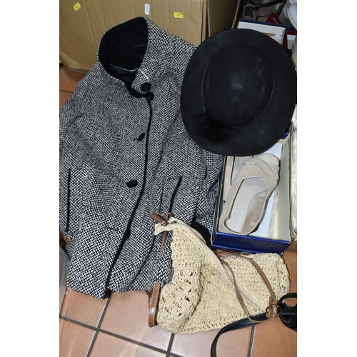 644 - THREE BOXES OF VINTAGE HATS, SHOES AND A WEDDING DRESS, comprising a vintage long sleeved cream sati... 