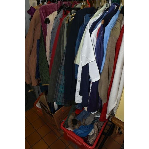 645 - FIVE BOXES AND LOOSE LADIES CLOTHING AND SHOES ETC, to include a John Partridge gilet, coat liner an... 