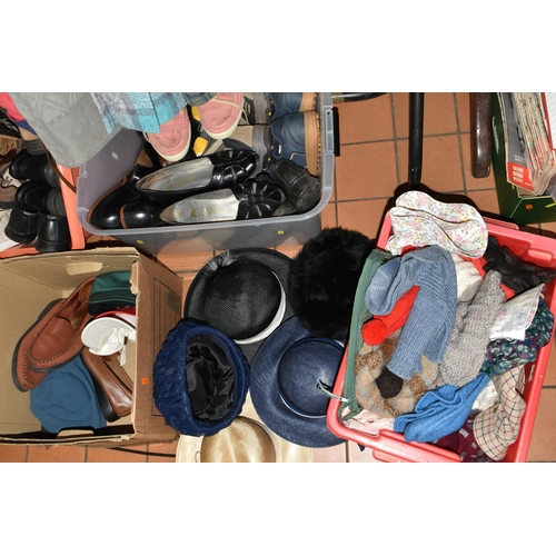 645 - FIVE BOXES AND LOOSE LADIES CLOTHING AND SHOES ETC, to include a John Partridge gilet, coat liner an... 