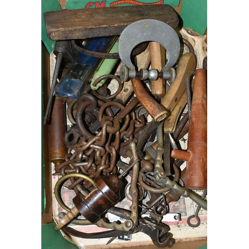 647 - A COLLECTION OF METAL HARDWARE, to include keys, clock keys, door locks, padlocks, leather cutting t... 