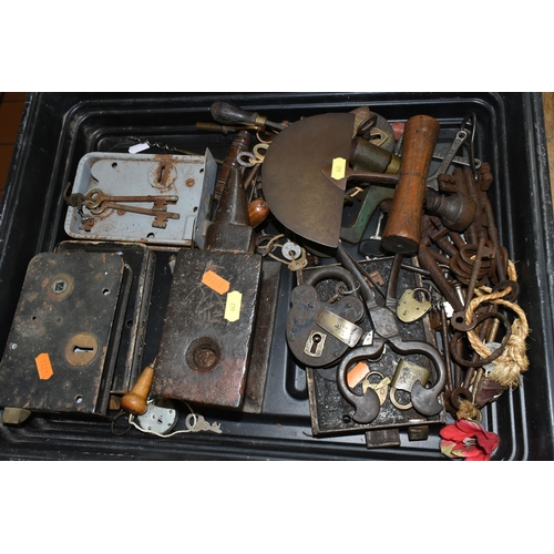 647 - A COLLECTION OF METAL HARDWARE, to include keys, clock keys, door locks, padlocks, leather cutting t... 