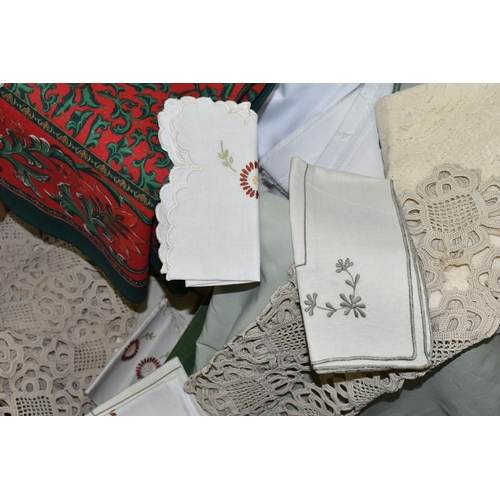 649 - TWO BOXES OF TABLE LINENS AND THROWS ETC, to include tablecloths and napkins etc