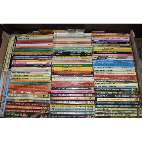 650 - TWO BOXES OF PAPERBACK BOOKS, to include TV tie-ins - The Saint, Man From Uncle, Avengers etc, plus ... 