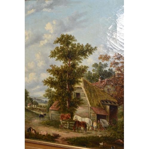 652 - A 19TH CENTURY ENGLISH SCHOOL LANDSCAPE, depicting figures and horses before a barn, no visible sign... 