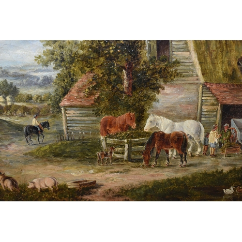 652 - A 19TH CENTURY ENGLISH SCHOOL LANDSCAPE, depicting figures and horses before a barn, no visible sign... 