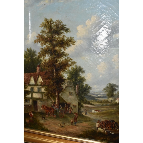 652 - A 19TH CENTURY ENGLISH SCHOOL LANDSCAPE, depicting figures and horses before a barn, no visible sign... 