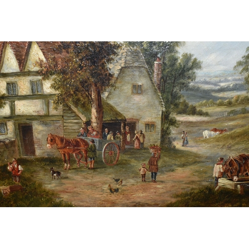 652 - A 19TH CENTURY ENGLISH SCHOOL LANDSCAPE, depicting figures and horses before a barn, no visible sign... 