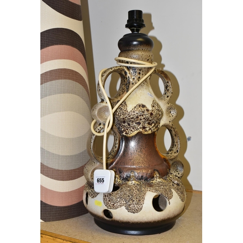 655 - A 1970'S DESIGN WEST GERMAN LAMP, cream and brown Lava glazed, with a bulb in the base, height 56cm ... 