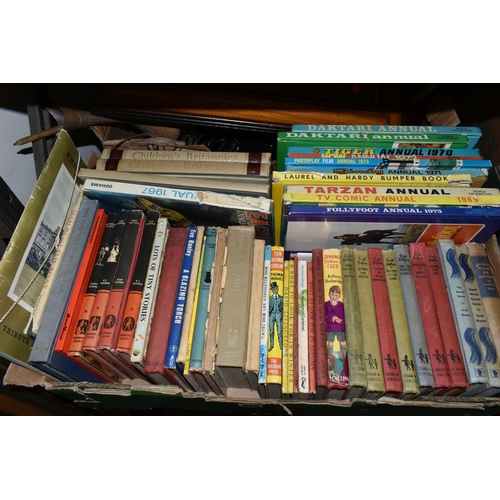 658 - TWO BOXES OF CHILDREN'S ANNUALS, BOOKS AND SUNDRIES, to include a Royal Doulton stoneware foot warme... 