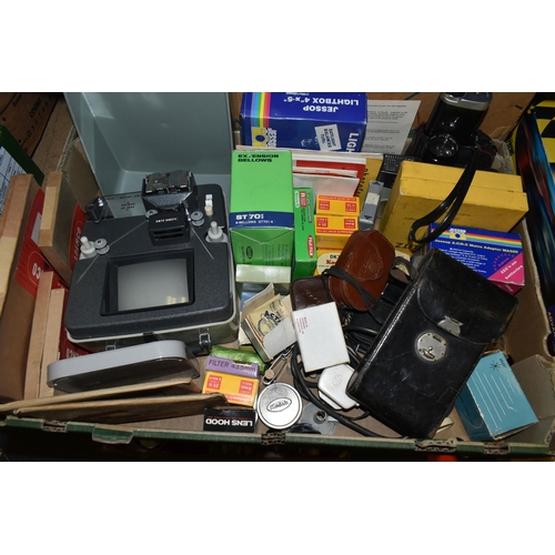 659 - TWO BOXES CONTAINING CAMERAS AND EQUIPMENT including a Fujica  ST701 film SLR camera fitted with a F... 