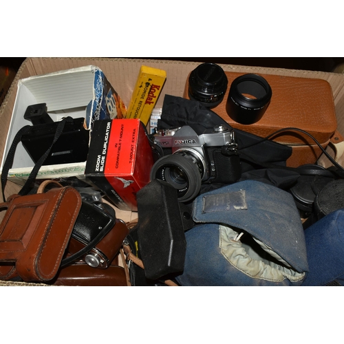 659 - TWO BOXES CONTAINING CAMERAS AND EQUIPMENT including a Fujica  ST701 film SLR camera fitted with a F... 