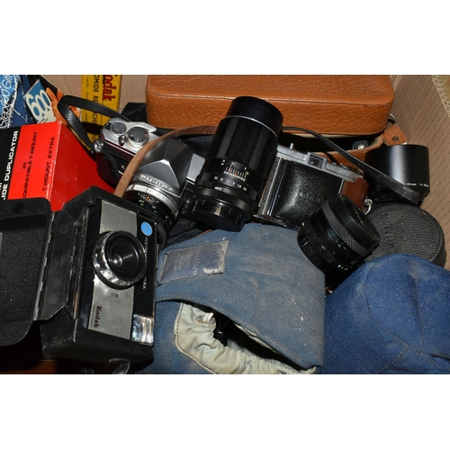 659 - TWO BOXES CONTAINING CAMERAS AND EQUIPMENT including a Fujica  ST701 film SLR camera fitted with a F... 