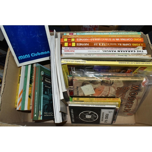 661 - SIX BOXES OF CAR AND BIKE RELATED BOOKS AND SUNDRIES, to include an upcycled table lamp made from a ... 