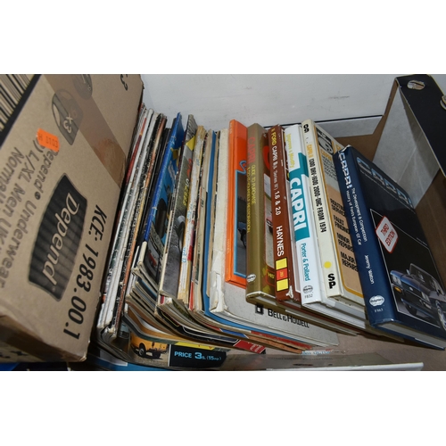 661 - SIX BOXES OF CAR AND BIKE RELATED BOOKS AND SUNDRIES, to include an upcycled table lamp made from a ... 