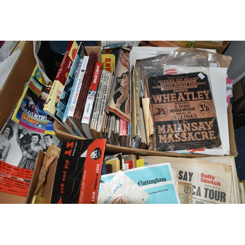 662 - FOUR BOXES OF BOOKS AND EPHEMERA, to include a Dennis Wheatley 'The Mallinsay massacre', a collectio... 