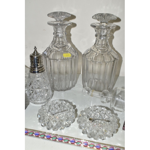 664 - A COLLECTION OF CUT GLASS DECANTERS AND STUDIO GLASS PAPERWEIGHTS, comprising a Nailsea glass walkin... 