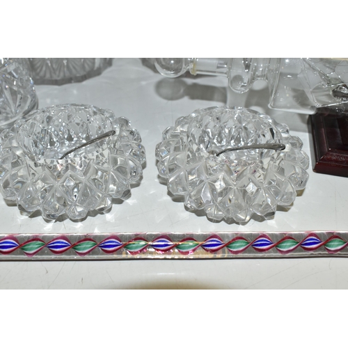 664 - A COLLECTION OF CUT GLASS DECANTERS AND STUDIO GLASS PAPERWEIGHTS, comprising a Nailsea glass walkin... 