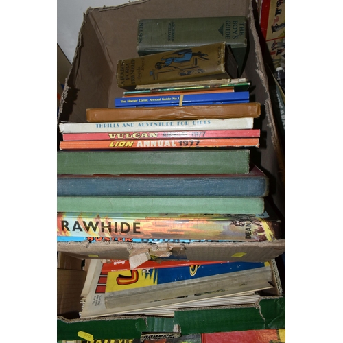 670 - FIVE BOXES OF VINTAGE BOOKS AND CHILDREN'S ANNUALS, to include a collection of over one hundred titl... 