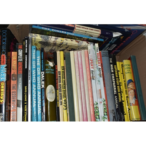 670 - FIVE BOXES OF VINTAGE BOOKS AND CHILDREN'S ANNUALS, to include a collection of over one hundred titl... 