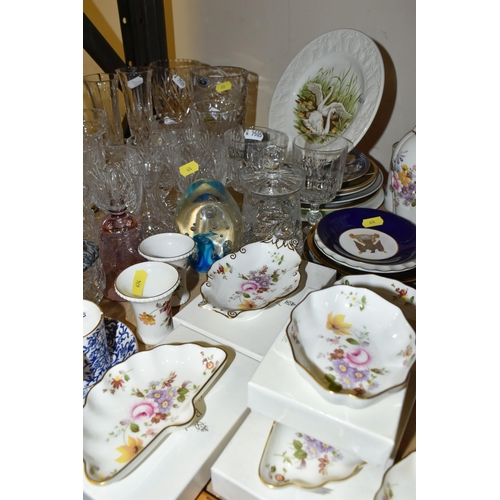 674 - A PARCEL OF CUT GLASS AND CERAMICS ETC, to include boxed Royal Crown Derby 'Derby Posies' trinket di... 