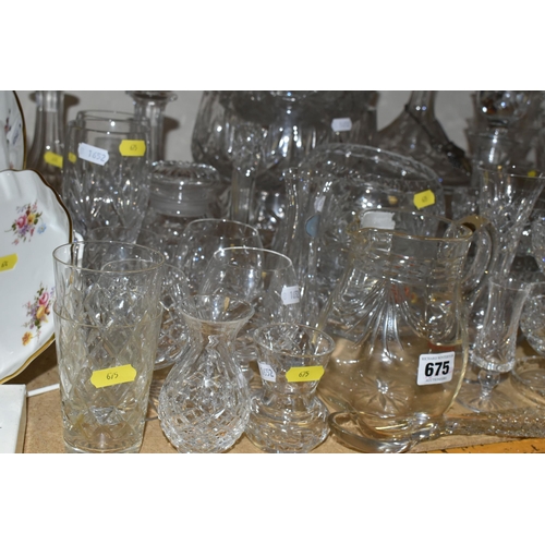 675 - A QUANTITY OF CUT AND PRESSED GLASS WARES ETC, to include a pair of matched ships decanters, pair of... 