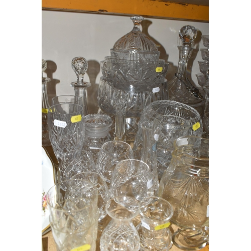 675 - A QUANTITY OF CUT AND PRESSED GLASS WARES ETC, to include a pair of matched ships decanters, pair of... 