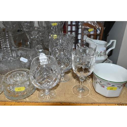 675 - A QUANTITY OF CUT AND PRESSED GLASS WARES ETC, to include a pair of matched ships decanters, pair of... 