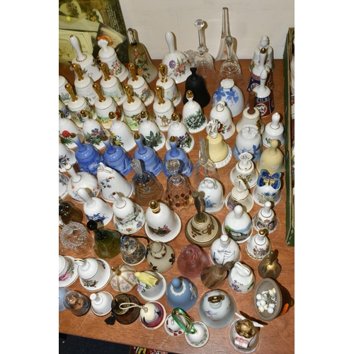 679 - A QUANTITY OF DECORATIVE CERAMIC AND GLASS BELLS, to include a set of twelve Danbury Mint Fairy tale... 