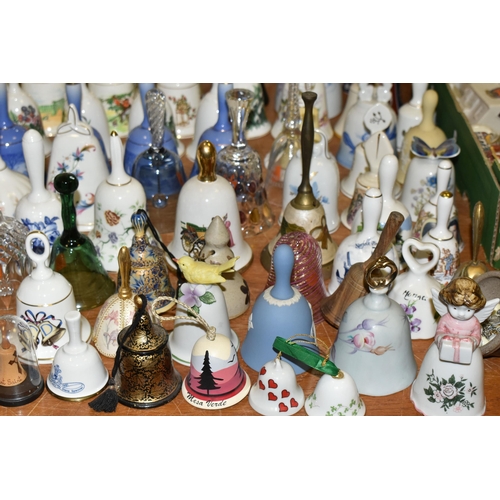 679 - A QUANTITY OF DECORATIVE CERAMIC AND GLASS BELLS, to include a set of twelve Danbury Mint Fairy tale... 