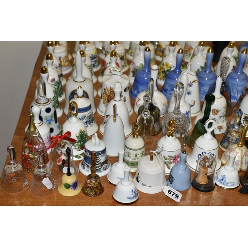 679 - A QUANTITY OF DECORATIVE CERAMIC AND GLASS BELLS, to include a set of twelve Danbury Mint Fairy tale... 