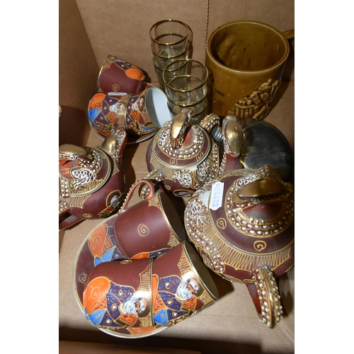 681 - A BOX OF CERAMICS TOGETHER WITH TWO WALKING STICKS, comprising a Robert Draper salt glazed flagon, a... 