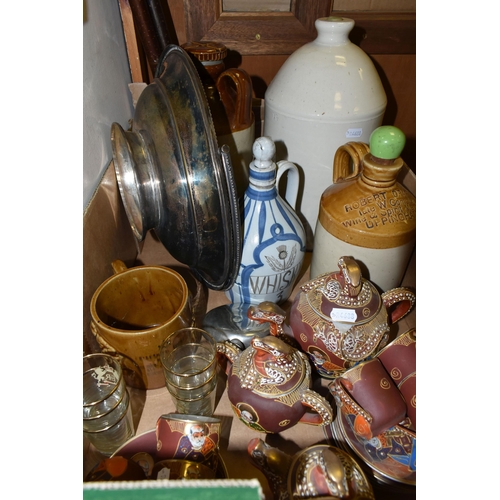 681 - A BOX OF CERAMICS TOGETHER WITH TWO WALKING STICKS, comprising a Robert Draper salt glazed flagon, a... 