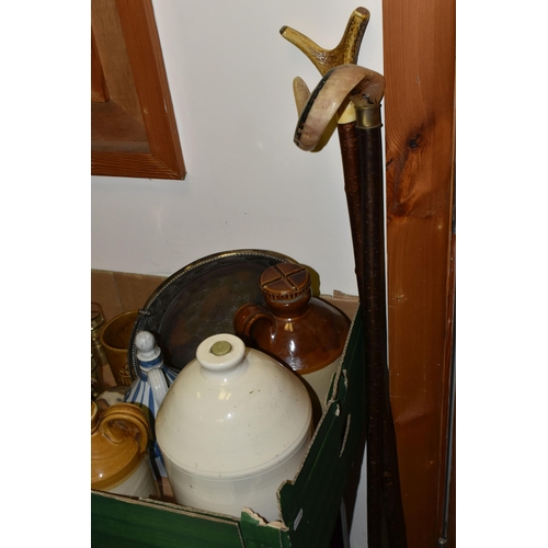 681 - A BOX OF CERAMICS TOGETHER WITH TWO WALKING STICKS, comprising a Robert Draper salt glazed flagon, a... 