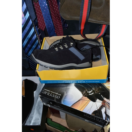 694 - A QUANTITY OF GENTLEMEN'S SHOES, BOOTS, CLOTHING AND ACCESSORIES, to include silk scarves and pocket... 