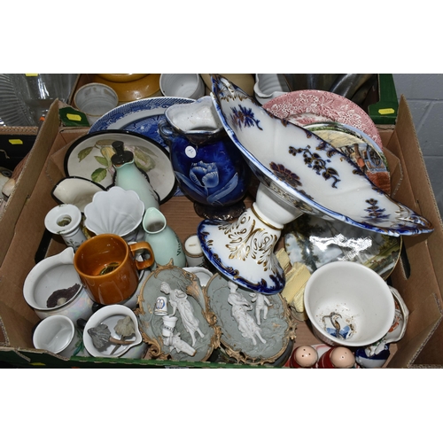 696 - FIVE BOXES OF CERAMICS, ORNAMENTS AND GLASSWARE, to include a Victorian green glazed planter, a 19th... 