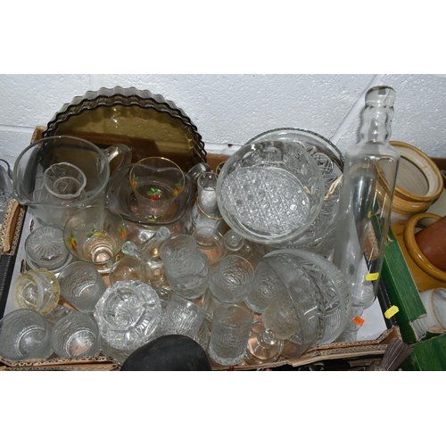 696 - FIVE BOXES OF CERAMICS, ORNAMENTS AND GLASSWARE, to include a Victorian green glazed planter, a 19th... 