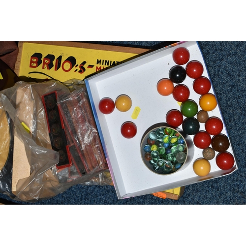 697 - FOUR BOXES OF VINTAGE TOYS, to include a boxed set of Brio's Miniature Railway 31405, a M&S miniatur... 