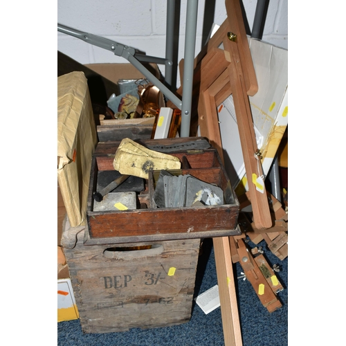 699 - SIX BOXES OF METALWARE AND TREEN, to include three wooden easels, a collection of water colour paint... 