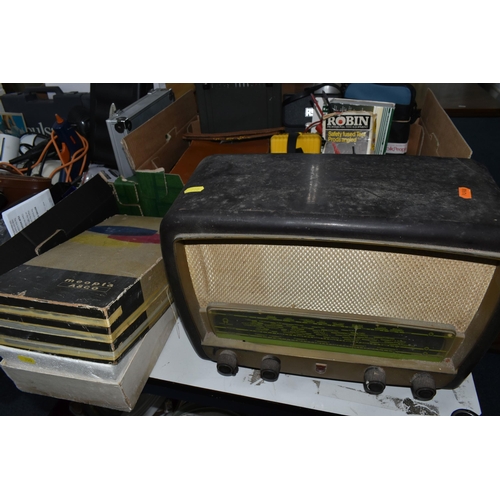 700 - THREE BOXES AND LOOSE PHOTOGRAPHIC AND ELECTRICAL EQUIPMENT, to include a vintage Phillips radio, ca... 