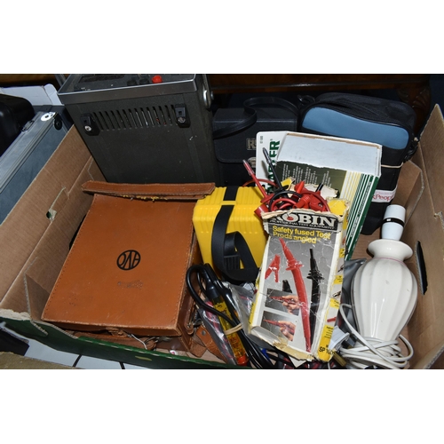 700 - THREE BOXES AND LOOSE PHOTOGRAPHIC AND ELECTRICAL EQUIPMENT, to include a vintage Phillips radio, ca... 