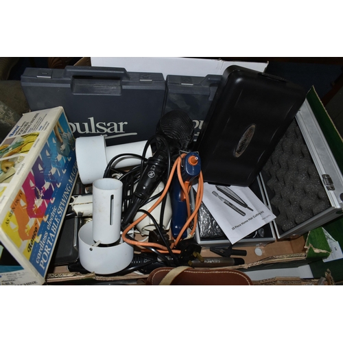 700 - THREE BOXES AND LOOSE PHOTOGRAPHIC AND ELECTRICAL EQUIPMENT, to include a vintage Phillips radio, ca... 